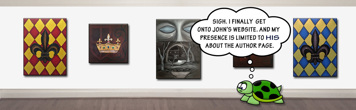 image of a turtle in a gallery of paintings lamenting that he's only featured at the bottom of the author page for John C. Dupré